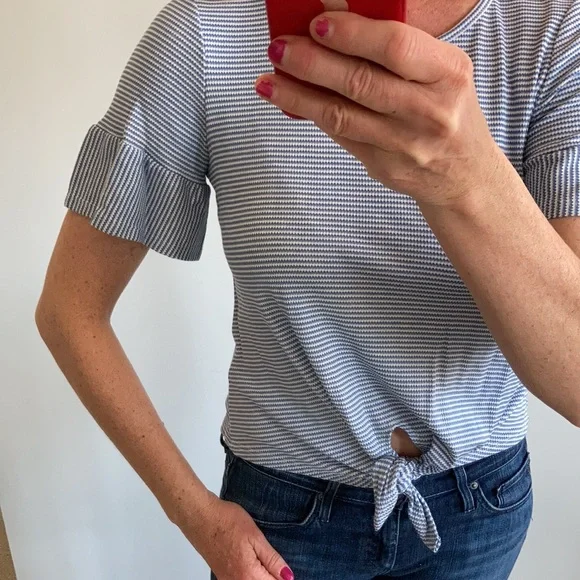 Blue & White Stripe Ruffle Sleeve Top - Picture 5 of 10